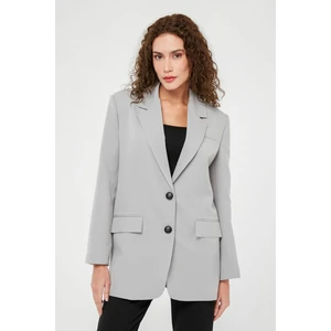 Gri Kadın Düğmeli Oversize Blazer Ceket