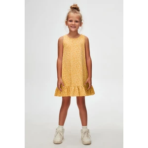 Hardal Yaprak Desen Kız Çocuk Fırfırlı Çan Etekli Elbise
