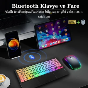 Rgb Renkli Aydınlatmalı Kablosuz Bluetooth Mouse Klavye Seti Slim Tablet Telefon Uyumlu