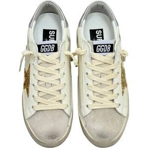 Women's Golden Goose Super-Star With Gold Glitter Star And Ice-Gray Suede Inserts - Kadın Ayakkabı