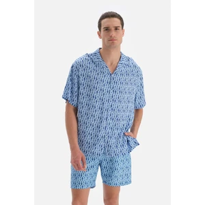 Açıkmavi Kılçık Balık Desenli Viskon Gömlek