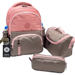Ilk Okul Çantası 3'lü Seti Unisex Çocuk Ilkokul Çantası BVT-8010 Pudra-Vizon