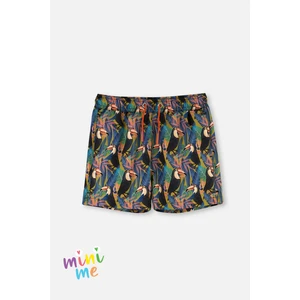Siyah - Yeşil Tucan Desenli Deniz Şortu