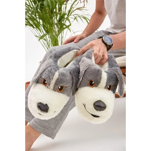 Mdes Gri Hayvanlı Sessiz Taban Panduf Sevimli Köpek Figürlü Peluş Ev Ayakkabısı