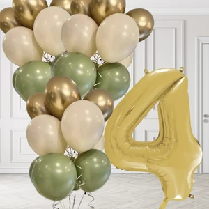 4 Yaş Retro Küf Yeşili Krom Gold Kum Beji Balon Seti Gold Rakam Doğum Günü Balonu Şık Parti Süsleme