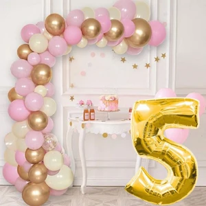 5 Yaş Krom Gold Pastel Pembe ve Beyaz Balon Seti Gold Rakamlı Doğum Günü Balonu Şık Parti Süsleme
