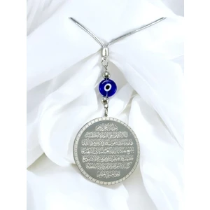 Yassı Nazarlı Çelik Çift Taraflı Ayetel Kürsi Hilye-I Şerif Araba Dikiz Ayna Süsü 4,5 cm Plaka