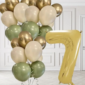 7 Yaş Retro Küf Yeşili Krom Gold Kum Beji Balon Seti Gold Rakam Doğum Günü Balonu Şık Parti Süsleme
