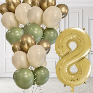 8 Yaş Retro Küf Yeşili Krom Gold Kum Beji Balon Seti Gold Rakam Doğum Günü Balonu Şık Parti Süsleme