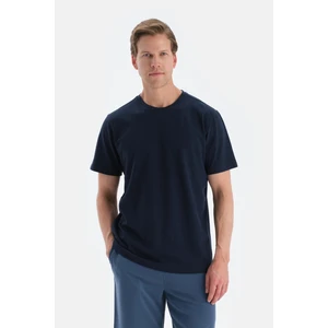 Lacivert Bisiklet Yaka Kısa Kollu Örme Keten Tişört