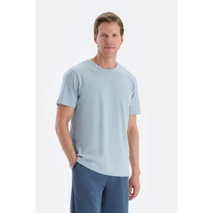 Açık Mavi Bisiklet Yaka Kısa Kollu Örme Keten Tişört