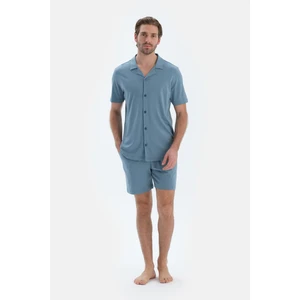 Mavi Kısa Kollu Cepli Basıc Gömlek Şort Pijama Takımı
