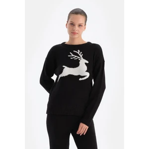 Siyah Geyik Baskılı Polar Sweatshırt