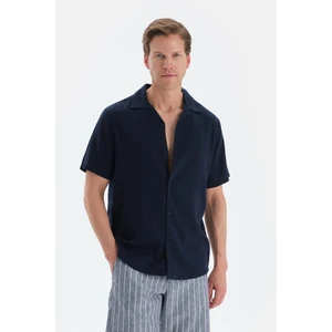 Lacivert Kısa Kollu Keten Gömlek