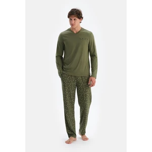 Haki V Yaka Penye Modal Tişört Pantolon Pijama Takımı