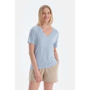 Buz Mavisi V Yaka Kısa Kollu Modal Tişört