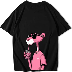 Brz Collection Unisex Oversize Pink Panther Pembe Panter T-Shirt Siyah