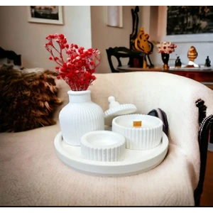 Özel Tasarım Beyaz Renk Kokulu Mum, Biblo ve Vazo Aksesuar Seti