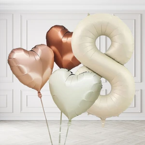 8 Yaş Retro Krem Bej Kahverengi Kalp Balonları Seti Krem Rakamlı Doğum Günü Balonu Şık Parti Süsleme