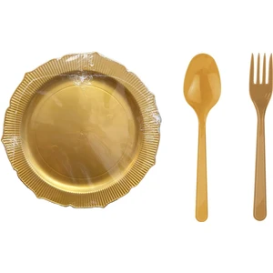 26 Cm. Altın Sorfa Sunum Seti - Sert Mika Plastik - 24 Kişilik Tabak Çatal Kaşık Takımı