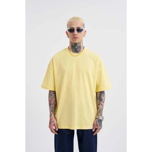 Erkek Basic Super Pamuklu Oversize Açık Sarı Tişört