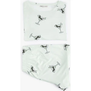 Köpek Baskılı Kısa Kollu Bisiklet Yaka Şortlu Pijama Takımı