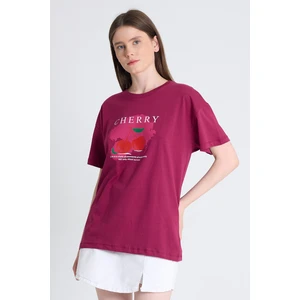 Bordo %100 Pamuk Yazı Baskılı Tişört 2150-15M