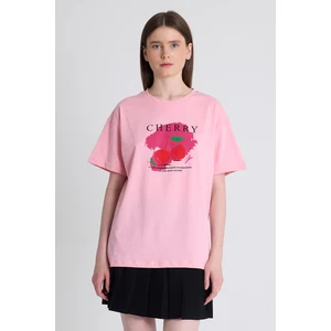 Pembe %100 Pamuk Yazı Baskılı Tişört 2150-15M