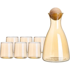 Borosilikat Cam Ahşap Top Kapaklı Karaf 2000 ml & 6 Adet Bardak