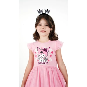 Kuromi Pembe Tül Detaylı Kısa Kollu Kız Çocuk Elbisesi