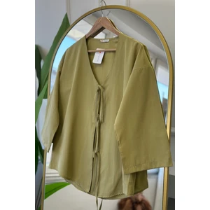 Yağ Yeşili Ön Bağlamalı Kimono