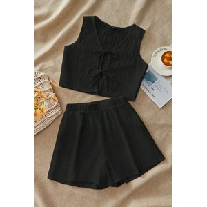 Kadın Siyah Fitilli Şortlu Bağlamalı Takım