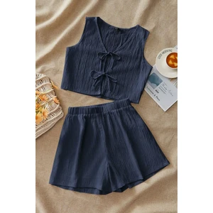 Kadın Lacivert Fitilli Şortlu Bağlamalı Takım