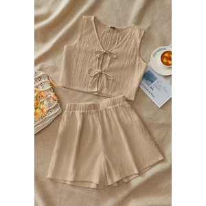 Kadın Bej Fitilli Şortlu Bağlamalı Takım