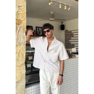 Çizgili Oversize Bej Kısa Kol Gömlek