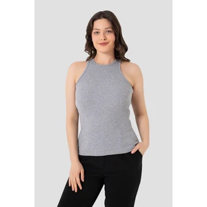 Kadın Pamuklu Fitilli Görünümlü Halter Yaka Basic Gri Atlet