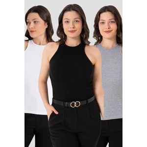 Kadın Pamuklu Fitilli Görünümlü Halter Yaka Atlet Siyah Beyaz Gri 3'lü Paket