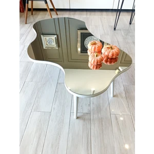 Faw Decor Aynalı Ahşap Beyaz Orta Sehpa Doğal Ağaç Ayaklı Modern Cam Tablalı Orta Sehpa