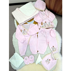 Kız Bebek Pamuklu Müslin Kumaş Çiçek Nakışlı 10LU Hastane Çıkışı