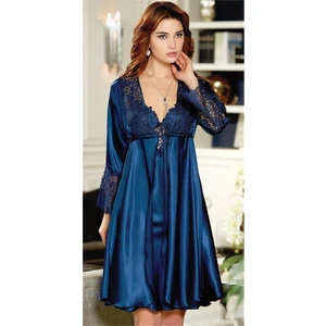 481 Ipek Saten Dantelli Çeyizlik Altılı Set - Lacivert