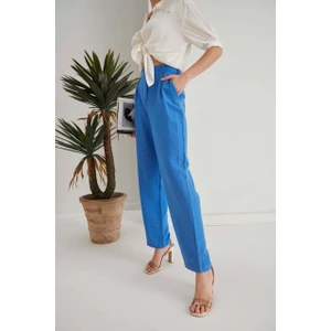 Fermuarlı Mavi Keten Pantolon