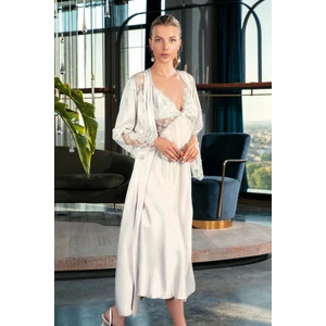 5184 Kadın Saten Uzun Gecelik Sabahlık Takım-Ekru