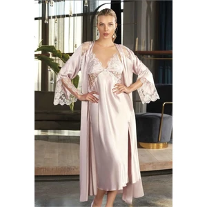 5184 Kadın Saten Uzun Gecelik Sabahlık Takım-Pudra