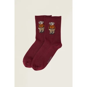 Kadın Teddy Desenli Lastiksiz Modal Soket Çorap Bordo