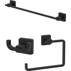 Kare Mat Siyah Ikili Askılık + Yuvarlak Havluluk + Uzun Havluluk Banyo Seti