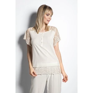 19154 Büyük Beden Kadın Ekru Yaka Düğmeli Dantel Detaylı Battal Kapri Takım