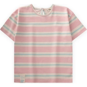 Çizgili Kız T-Shırt 2-10 Yaş Pembe Mavi Çizgili