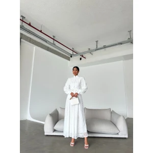 Ithal Tül Kumaş Dantel Detaylı Astarlı Elbise(Kuşak Dahildir)