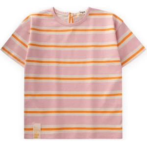 Çizgili Kız T-Shırt 2-10 Yaş Pembe Turuncu Çizgili