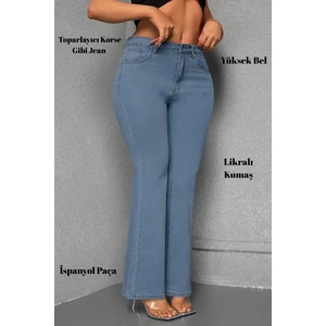 Cedy Denım - Kadın Siyah Büyük Beden Ispanyol Paça Yüksek Bel Skinny Fit Likralı Pantolon  C628